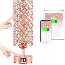 Hong-in Crystal Table Lamp - 3-Way Dimmable Touch Control, Rose Gold Bedside Lamp with USB C and A Ports, Nightstand Light for Living Room, Bedroom, Home Office (Bulb Included)