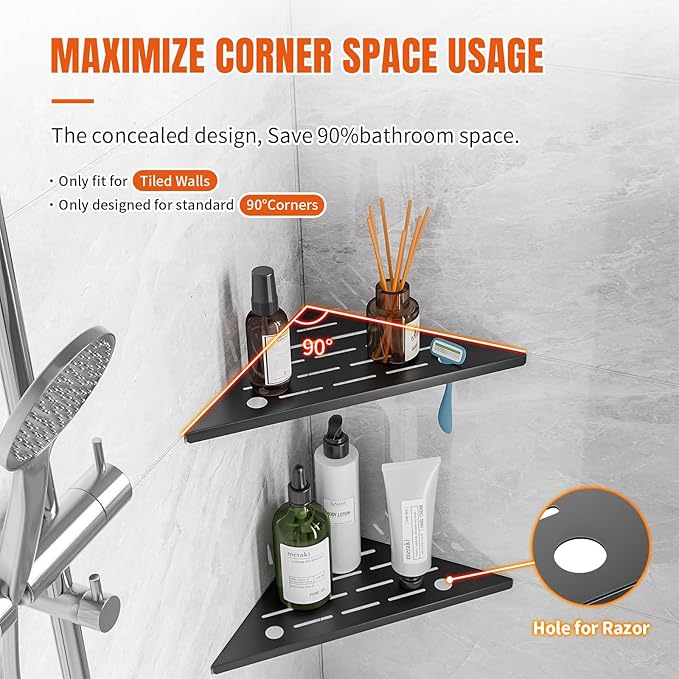 Corner Shower Shelf with Razor Hole, Modern Sturdy Shower Caddy, 10" 304 Stainless Steel Shower Organizers Bathroom Shelf for Tile Wall, No Drilling Grout Mount Shelf for Shower,Bathroom Accessories