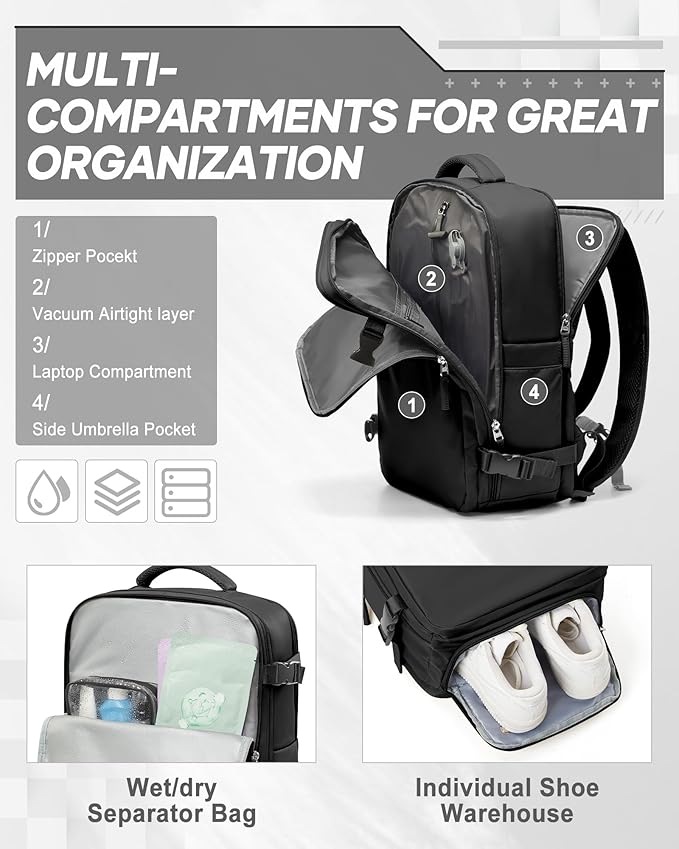 suwasp Vacuum Compression Backpack, 45L Expandable Travel Backpack with Electric Vacpack Pump, Travel Vacuum Bags with Shoe Compartment/17inch Laptop Compartment/Waterproof Pocket, Black