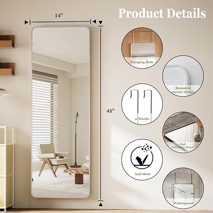 BEAUTYPEAK 14"x48" Full Length Over The Door Mirror, Aluminum Alloy Frame Full Body Mirror with Height-Adjustable Hangers, Hanging Mirrors for Bedroom, Living Room, Bathroom, Silver