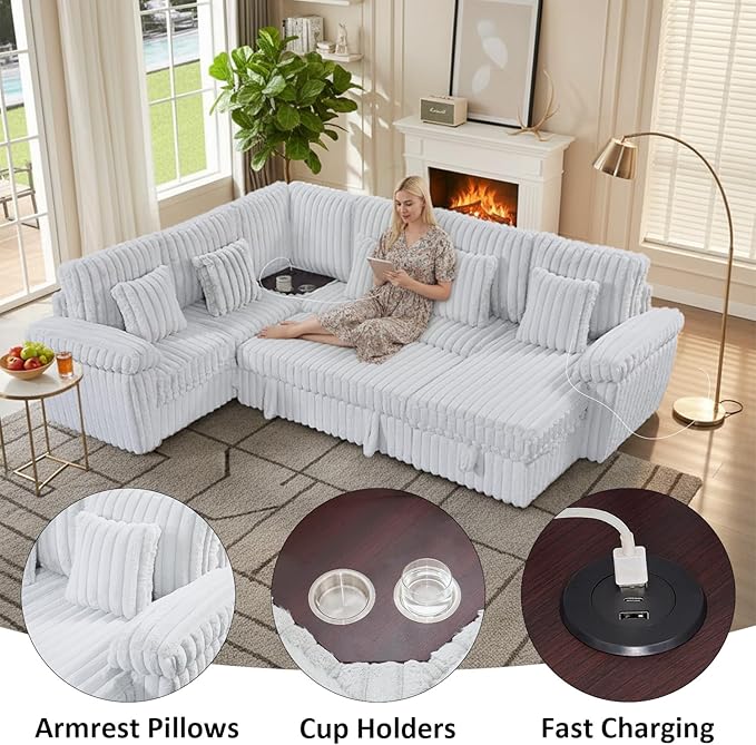 Modular Sectional Sleeper Sofa with Pull Out Bed, U Shaped 7 Seat Sectional Couches for Living Room, 110 Inch Sofa Bed with Armrest Pillows | Hidden Storage | USB Charging | Cup Holder, White