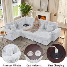Modular Sectional Sleeper Sofa with Pull Out Bed, U Shaped 7 Seat Sectional Couches for Living Room, 110 Inch Sofa Bed with Armrest Pillows | Hidden Storage | USB Charging | Cup Holder, White