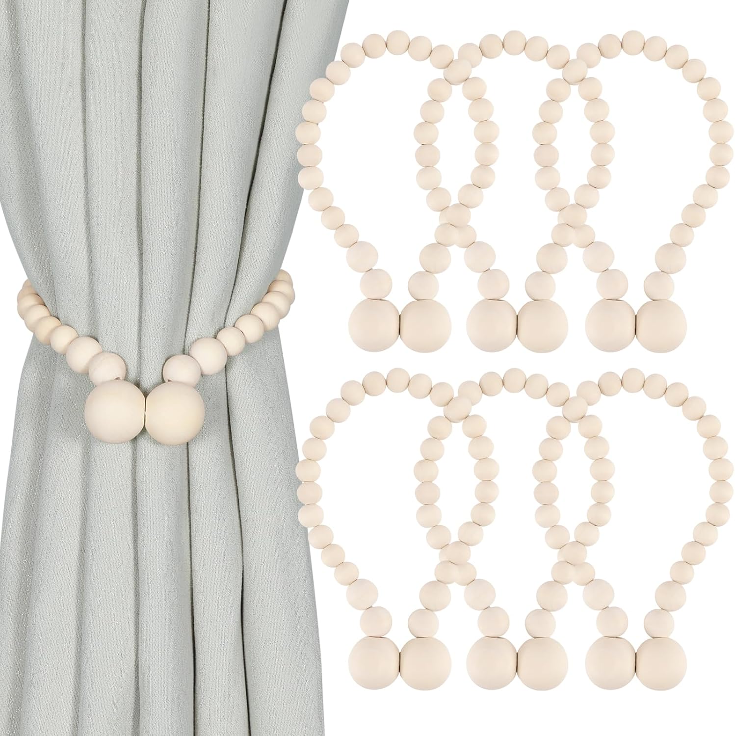 KLOGTSIND Magnetic Curtain Tiebacks, Curtain Tie Backs for Curtains 4 Pack, Wood Bead Curtain Tiebacks, Curtain Holders for Boho Bedroom Decor, Baby Nursery Decor, Farmhouse Decor Dormly
