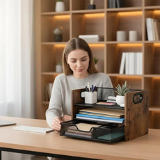 Wood Desk Organizer - 3-Tier Desktop File Organizer with Drawer, Wooden Paper Tray, Office Desk Organzier and Accessories for Papers, Mail, Notebooks, Stationery