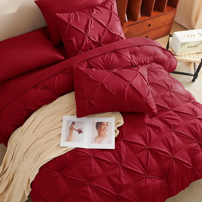 CozyLux King Size Comforter Set Dark Red, 7 Pieces Pintuck Bed in A Bag Red Comforter King Size, Pinch Pleat Bedding Set with All Season Comforter, Sheets, Pillowcases & Shams