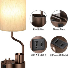Bedside Table Lamps for Bedroom Set of 2 - Nightstand Lamp with AC Outlet Charging Port and USB A C, 3 Color Temperatures, Included Phone Holder & Pen Holder, Brown Night Stand Lamps for Guest Room