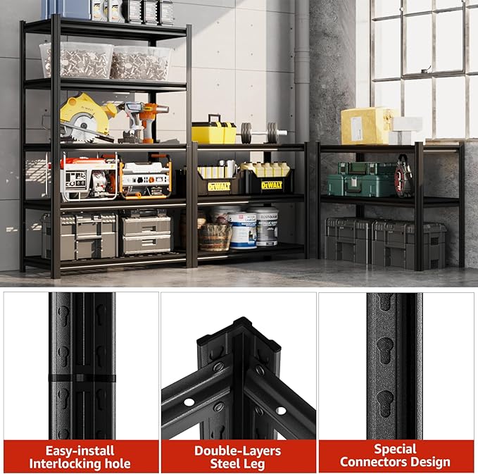 35" W Father&I 5-Shelf Industrial Adjustable Heavy-Dudy Tall Metal Garage Storage Shelves Shelving Units/Steel Wire Rack System (Commercial) for Basement/Shop, 72" H*35" W*15.7" D, Black