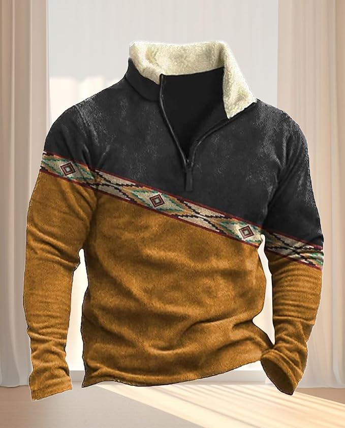 Western Sweatshirts for Men Aztec Cowboy Vintage Graphic Fleece Hoodie Mens Quarter Zip Pullover Country Jacket