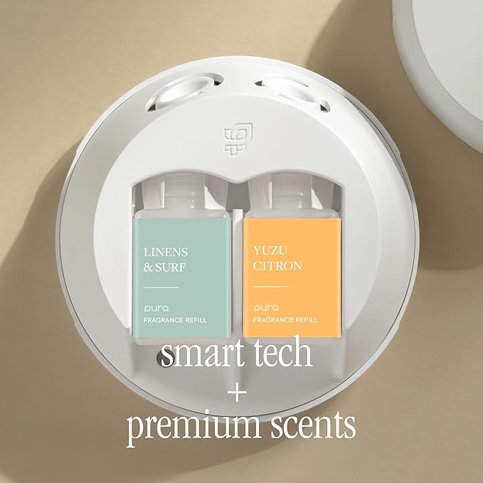 Pura - Smart Home Fragrance Device Starter Set - Pura 4 - Scent Diffuser for Home - Includes Fragrance Aroma Diffuser - Square Box, Linens & Surf and Yuzu Citron Scent Refills