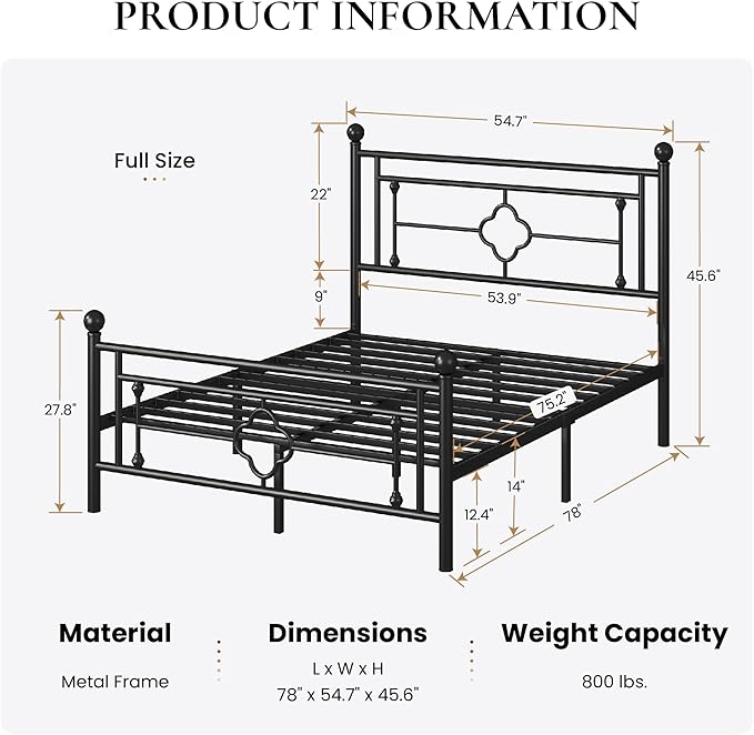SHA CERLIN 14 Inches Full Size Metal Platform Bed Frame/Vintage Iron-Art Headboard and Footboard/Mattress Foundation for Storage/No Box Spring Needed/Noise-Free/Easy Assembly/Black