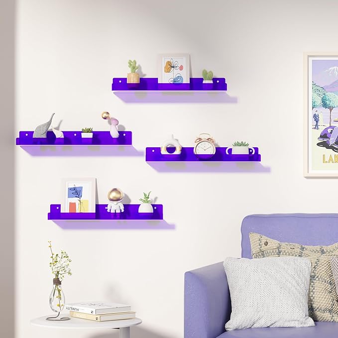 upsimples Acrylic Shelves for Wall Decor, 15" Display Shelf Perfume Organizer for Bathroom, Bedroom, Living Room, Floating Bookshelves for Kids, Clear Purple, 4 Pack