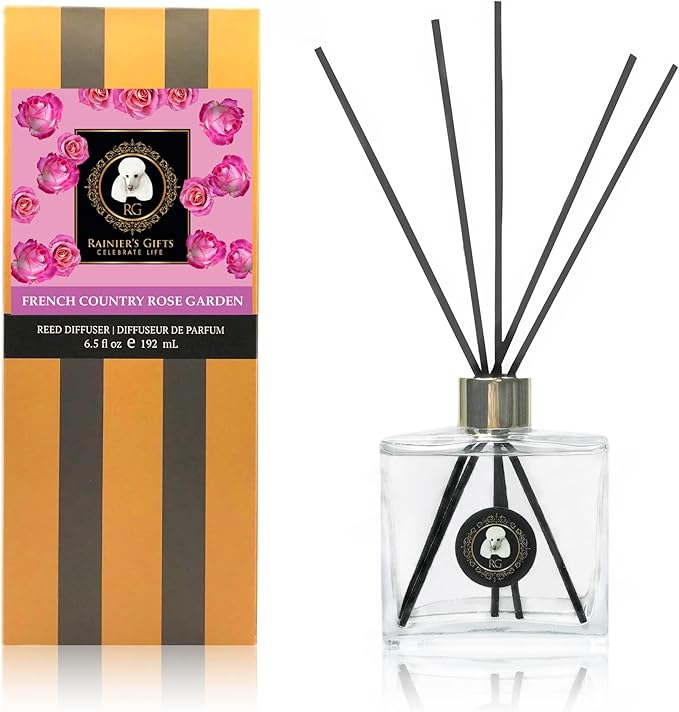 Rainier’s Gifts Reed Diffuser Set (French Country Rose Garden) - Scented Oil Diffuser Sticks - Home Fragrance Aromatherapy Air Freshener 6.5 fl oz