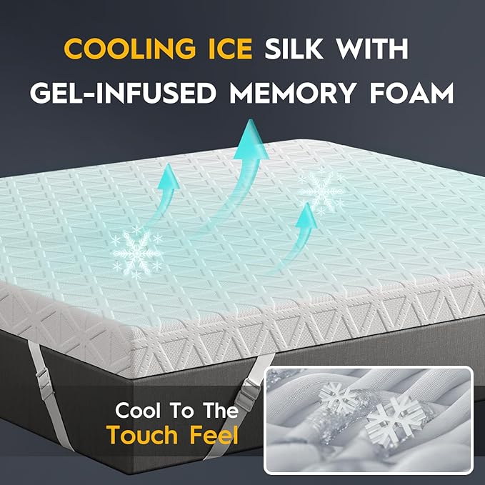 ELEMUSE 2 Inch Gel Memory Foam Mattress Topper Twin- Cooling Ice Silk Removable & Washable Cover, Mattress Topepr for Back Pain Relief, Adjustable Strap & Non-Slip, CertiPUR-US Certified