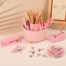 SKYDUE Pink Office Supplies Set, Pencil Holder for Desk,Gel Pen, Stapler, Tape Dispenser, Scissors,Clips and 1000pcs Staples, Office Decor for Women, Pink Desk Accessories