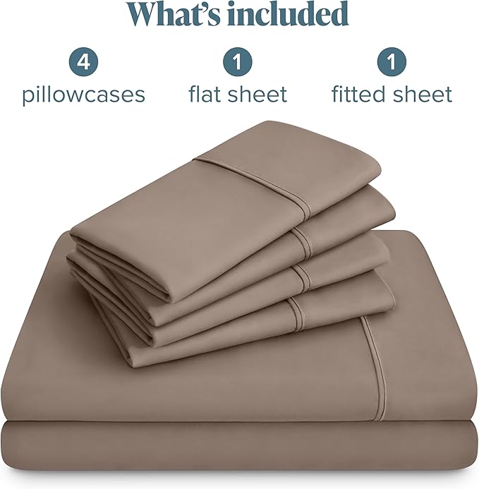 Bare Home Hotel Luxury Full XL Sheet Set, Extra Soft - 6 Piece Set - Deep Pockets - Easy Fit - Cooling & Breathable - Wrinkle, Fade, Stain Resistant - Includes 4 Pillowcases (Full XL, Taupe)