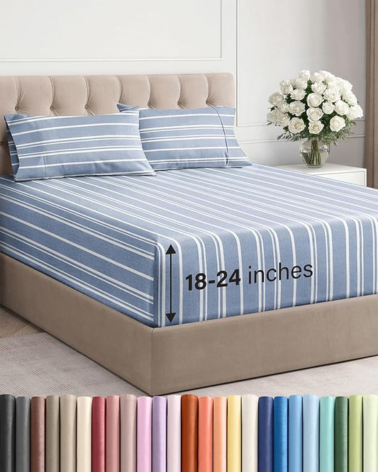 Extra Deep Pocket Full Sheets - 4 Piece Breathable & Cooling Bed Sheets - Hotel Luxury Bed Sheet Set - Soft, Wrinkle Free & Comfy - Easily Fits Extra Deep Mattresses - Deep Pocket Blue Striped Sheets