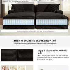 80 Inch Double Chaise Lounge Chair Indoor, Oversized Sectional Corduroy Upholstered Boneless Sofa Bed, Deep Seat Sleeper Loveseat Reading Chairs, Cloud Sofas Couches, No Assembly Required (Black)
