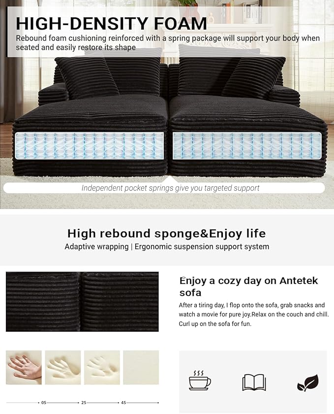 80 Inch Double Chaise Lounge Chair Indoor, Oversized Sectional Corduroy Upholstered Boneless Sofa Bed, Deep Seat Sleeper Loveseat Reading Chairs, Cloud Sofas Couches, No Assembly Required (Black)
