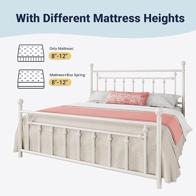 Allewie 14 Inch King Size Metal Platform Bed Frame with Victorian Vintage Headboard and Footboard/Mattress Foundation/Under Bed Storage/No Box Spring Needed/Easy Assembly/Noise Free/White