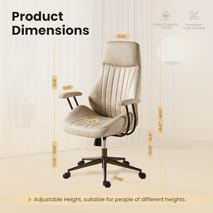 Home Office Desk Chair, Mid-Century Modern Office Chair with Adjustable Lumbar Support, Adjustable Height Executive Task Chair with 360 Rolling Swivel for Meeting Study Room(High Back, Beige)