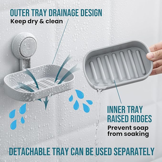 TAILI Soap Dish Bar Holder Suction Cup,Soap Saver with Powerful Vacuum Suction,Sponge Holder for Shower,Bathroom,Tub and Kitchen Sink, Universal Shower Accessories,Drill-Free,Removable,Grey