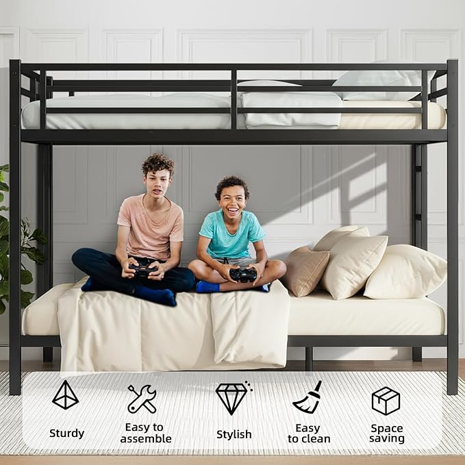 Queen Over Queen Bunk Bed, Metal Bunk Bed Frame Heavy Duty Bunk Beds Loft Bed Frame with Ladder and Guardrail Metal Slats No Box Spring Required for Adults Teens,Black
