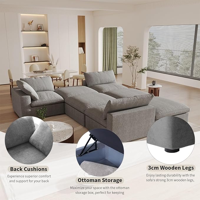 Cloud Couch Modular Sectional Sofa for LivingRoom, 80.3" Down Filled L Shaped Couch, 2 Seater+ 1 Storage Ottoman Convertible Funiture for Apartment(Grey, LoveSeat+1 Ottoman)