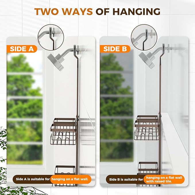 REINHARDT Shower Caddy Hanging for Handheld Showerheads Adjustable Split Shower Caddy, Rustproof Shower Organizer with Hooks for Razor Over the Head Caddy with Soap Holder Bathroom Accessories, Bronze