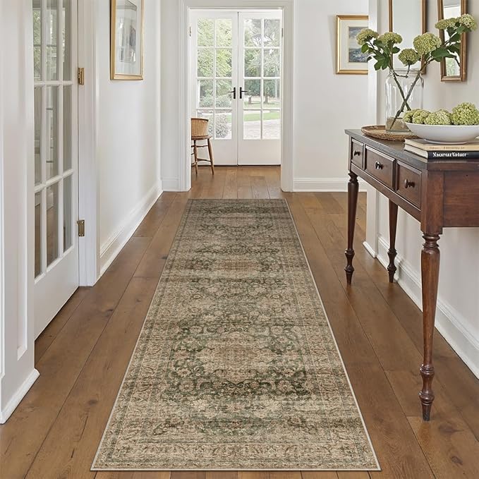 2x8 Washable Vintage Runner Rug Green Brown Hallway Kitchen Carpet Non-Slip Soft Low Pile Distressed Throw Rug for Bedroom Bathroom Laundry Living Room