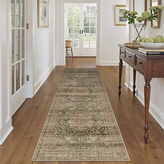 2x8 Washable Vintage Runner Rug Green Brown Hallway Kitchen Carpet Non-Slip Soft Low Pile Distressed Throw Rug for Bedroom Bathroom Laundry Living Room