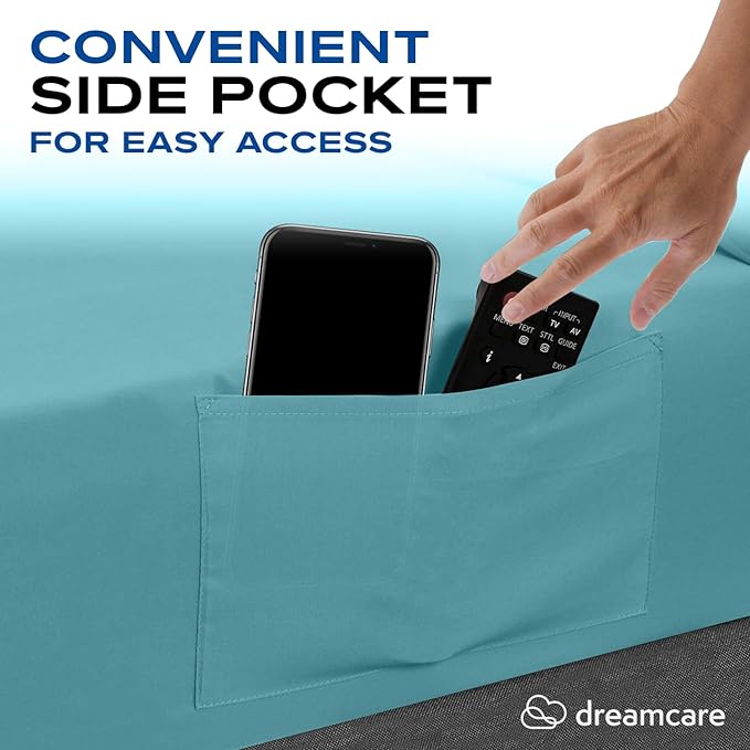 DREAMCARE Full Size Sheets Set - 4 Pcs Cooling Bed Sheets with Up to 15" Deep Pockets - Soft, Long-Lasting 100% Brushed Polyester with Side Pocket (Spa Blue) DREAMCARE
