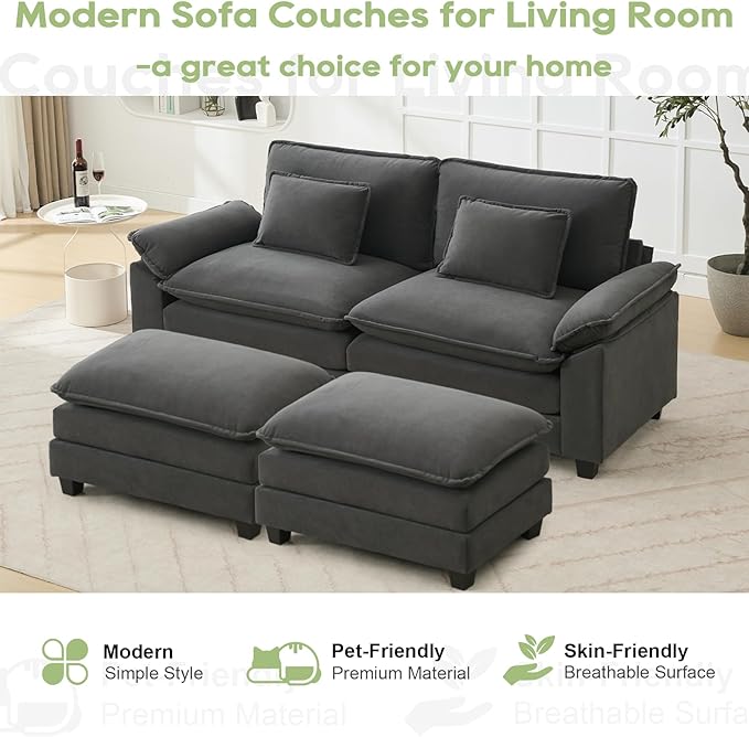 86" Modular Sectional Sofa, Comfy Cloud Couch Sectional Sofa with Ottoman, Velvet Sofa Sleeper Deep Seat Sofa with Throw Pillows for Living Room (Blue Grey)