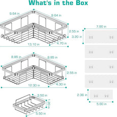 YASONIC Corner Shower Caddy, 3-Pack Adhesive Bathroom Caddy with Soap Holder and 12 Hooks, Rustproof Stainless Steel Shower Organizer, No Drilling Wall Mounted Shower Rack, Brushed Silver