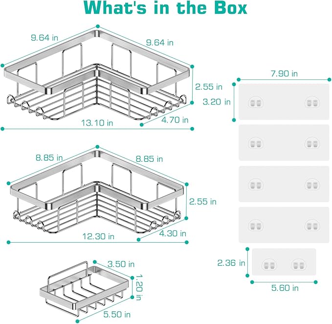 YASONIC Corner Shower Caddy, 3-Pack Adhesive Bathroom Caddy with Soap Holder and 12 Hooks, Rustproof Stainless Steel Shower Organizer, No Drilling Wall Mounted Shower Rack, Brushed Silver