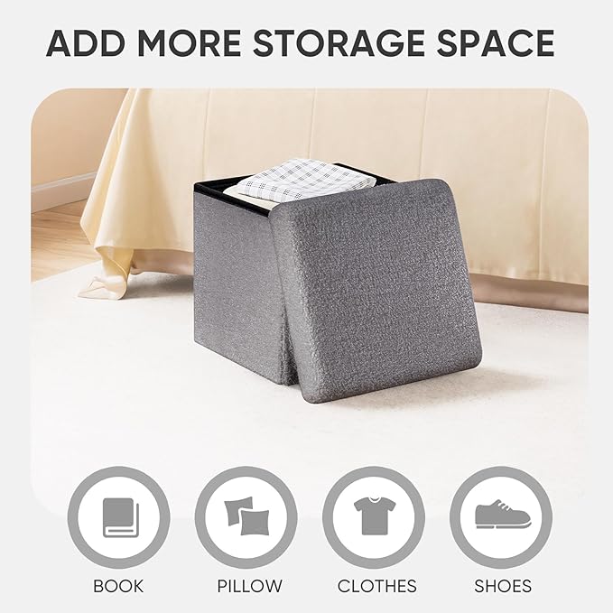 PINPLUS Storage Ottoman Cube Square Shaped Ottomans with Storage Foot Stool Footrest for Lving Room Boucle Ottoman Seat for Dorm Room,Faux Teddy Fur Grey,12.6"x12.6"x12.6"