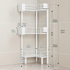 Orimade Rustproof 3 Tier Floor Standing Corner Shower Caddy Organizer with Toothbrush Holder, Large Spacing Floor Shower Shelf Rack Storage Stands with Hooks for Bathroom Kitchen, White