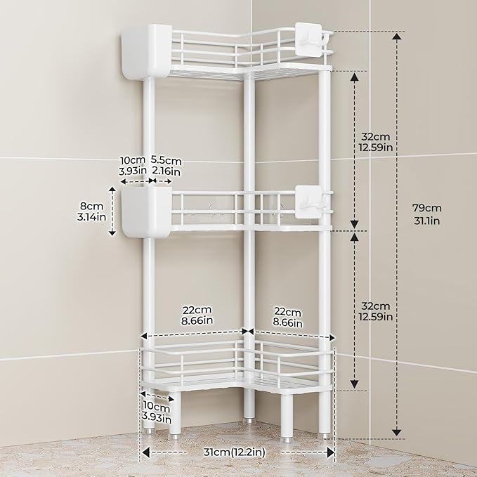 Orimade Rustproof 3 Tier Floor Standing Corner Shower Caddy Organizer with Toothbrush Holder, Large Spacing Floor Shower Shelf Rack Storage Stands with Hooks for Bathroom Kitchen, White