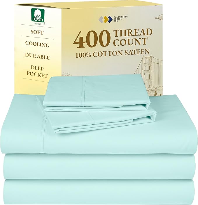 California Design Den Split King Sheets Sets for Adjustable Bed - Soft 400 Thread Count Sateen, Natural 100% Cotton Sheets with Deep Pockets, Breathable, and Durable Bedding Set - Seafoam