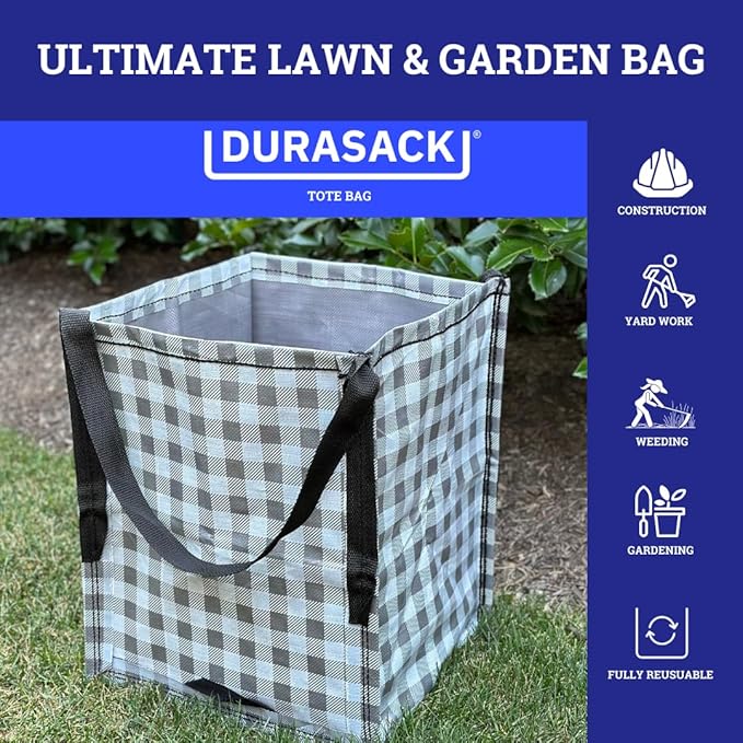 DURASACK Heavy Duty Storage Tote Bag 22-Gallon Rugged Woven Polypropylene Moving Bag, Reusable Self-Standing Design, Holds up to 500 Pounds, Single, Gingham Gray