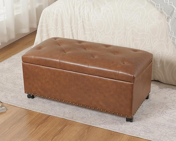 Joveco Storage Ottoman Bench 35" Faux-Leather Rectangular Tufted Ottomans Storage Room Organizer with Wheels(Ochre Yellow)