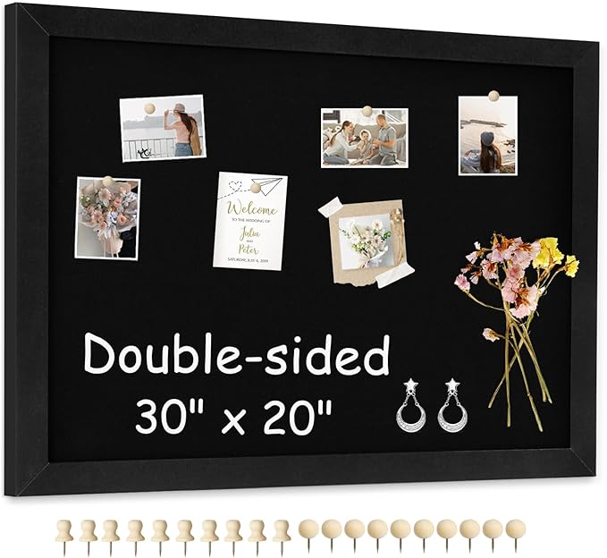 Double-Sided Black Cork Board with Linen, 30" x 20" Hanging Wood Framed Large Bulletin Board, Picture Display Vision Board Kit Corkboards for Wall Room School Office Decor, 20 Pushpins
