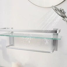 Bathroom Shelves with Towel Holder Rustproof 15.7'' Tempered Glass Shelf with Rails Wall Mounted Stainless Steel, Polished Chrome Decorative