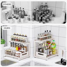 2 Pack Under Sink Organizer, Heavy Duty Metal Slide Out Sink Shelf Organizer Height Adjustable, Multi-Purpose Storage Shelf for Kitchen Bathroom (Sand,2Pack)