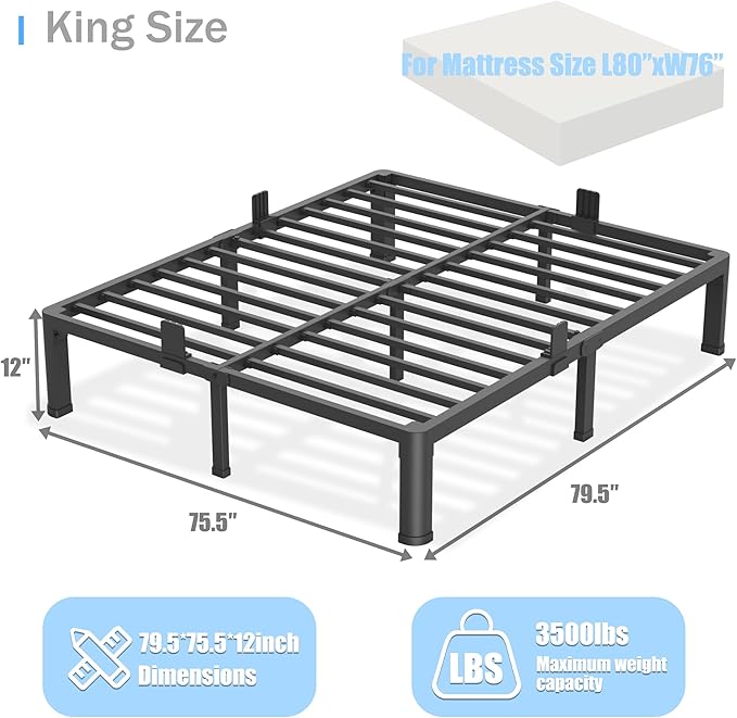 12 inch King Size Bed Frame with Round Corner Legs Mattress Slide Stopper,3500 lbs Heavy Duty Metal Platform,Steel Slat Support,No Box Spring Needed,Easy Assembly,Noise Free