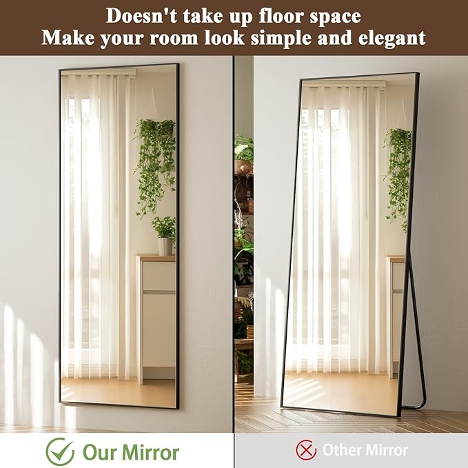 VooBang 14" x 48" Adjustable Height Over The Door Mirror - Rectangular Full Length Hanging Door Mirror with Shatterproof Tempered Glass Black Metal Frame for Dormitory