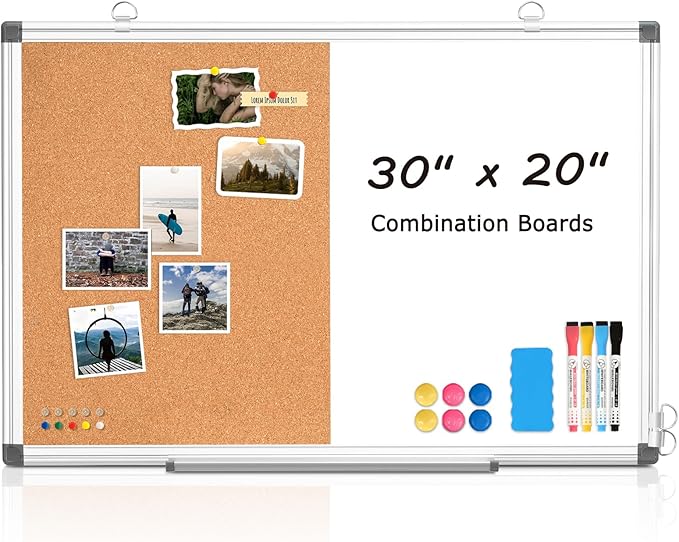 WALGLASS Combination Magnetic Whiteboard & Corkboard, 20"x30" Combo for School, Office & Home, Dry Erase Board with Removable Tray, Pins, Eraser, Markers & Magnets
