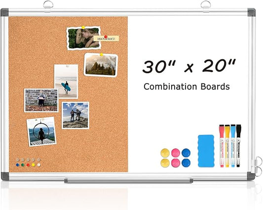 WALGLASS Combination Magnetic Whiteboard & Corkboard, 20"x30" Combo for School, Office & Home, Dry Erase Board with Removable Tray, Pins, Eraser, Markers & Magnets