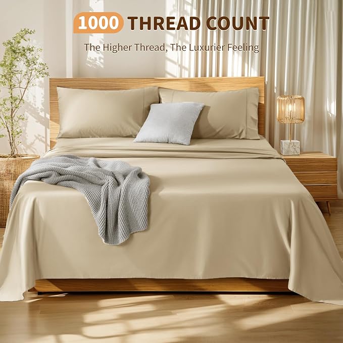 LBRO2M 100% Cotton Sheets Set Deep Pocket 19", 1000 Thread Count Queen Size 4 Piece Bed Sheet Sets Soft Comfortable Bedding All Season (Queen, Linen) LBRO2MBedding