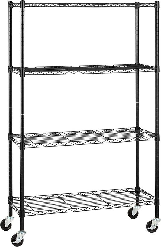 Amazon Basics 4-Shelf Adjustable, Heavy Duty Storage Shelving Unit on 3'' Wheel Casters, Metal Organizer Wire Rack, 36" L x 14" W x 57.75" H, Black