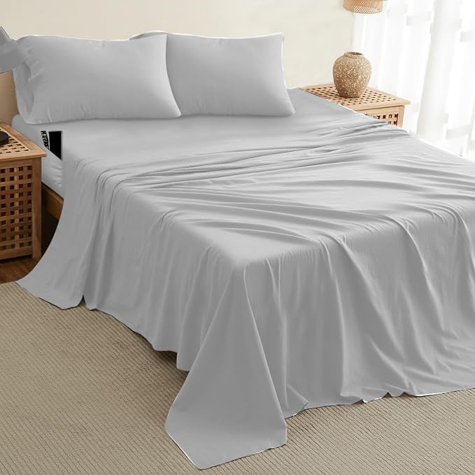 DREAMCARE Queen Sheet Set – 4 pcs Cooling Sheets – up to 21” Extra Deep Pocket Queen Sheets – Hotel Luxury Sheets & Pillowcases – Superior Softness 100% Fine Microfiber with Side Pocket – Light Gray DREAMCARE